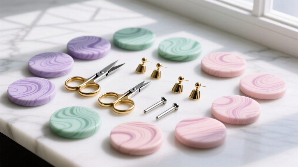 Overhead view of a polymer clay earring kit with brass cutters, titanium posts, and marbled clay on a white marble workspace.