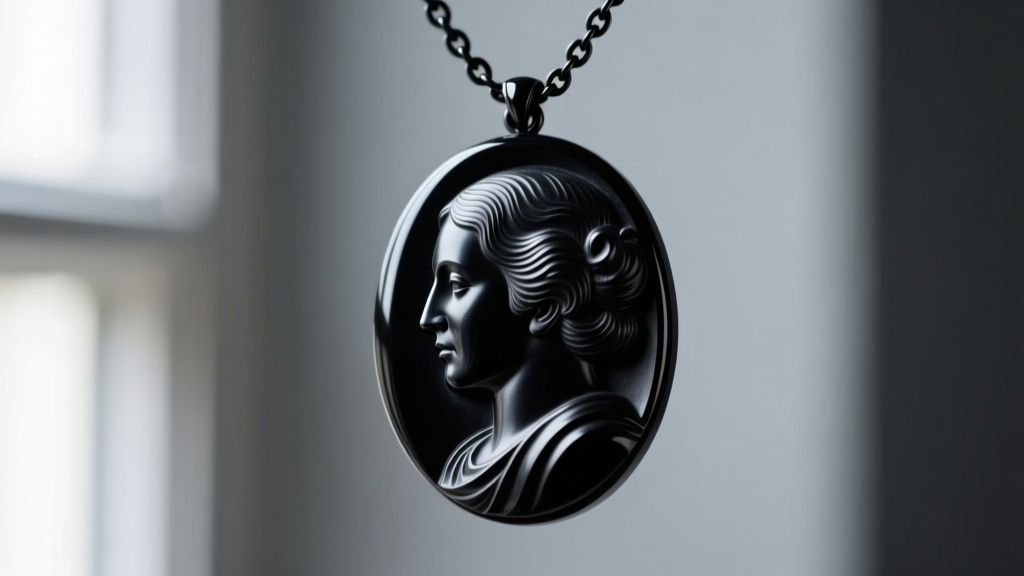 Macro shot of a carved Whitby jet Victorian mourning cameo on a dark chain, highlighting its matte texture and sharp profile relief