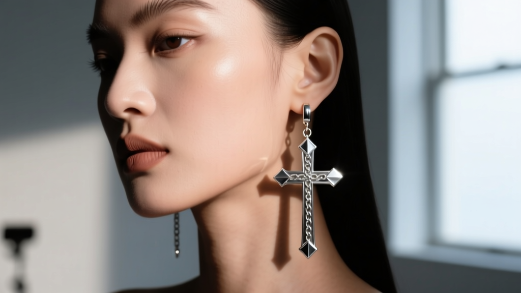 Editorial close-up of a model wearing elongated silver cross dangle earrings, moody lighting, sharp focus on the ear and neck.
