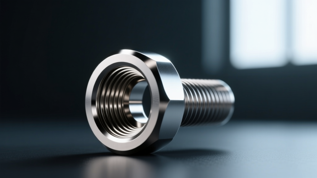 Macro shot of an internally threaded 18-gauge titanium labret post showing precise thread patterns and mirror finish on dark slate