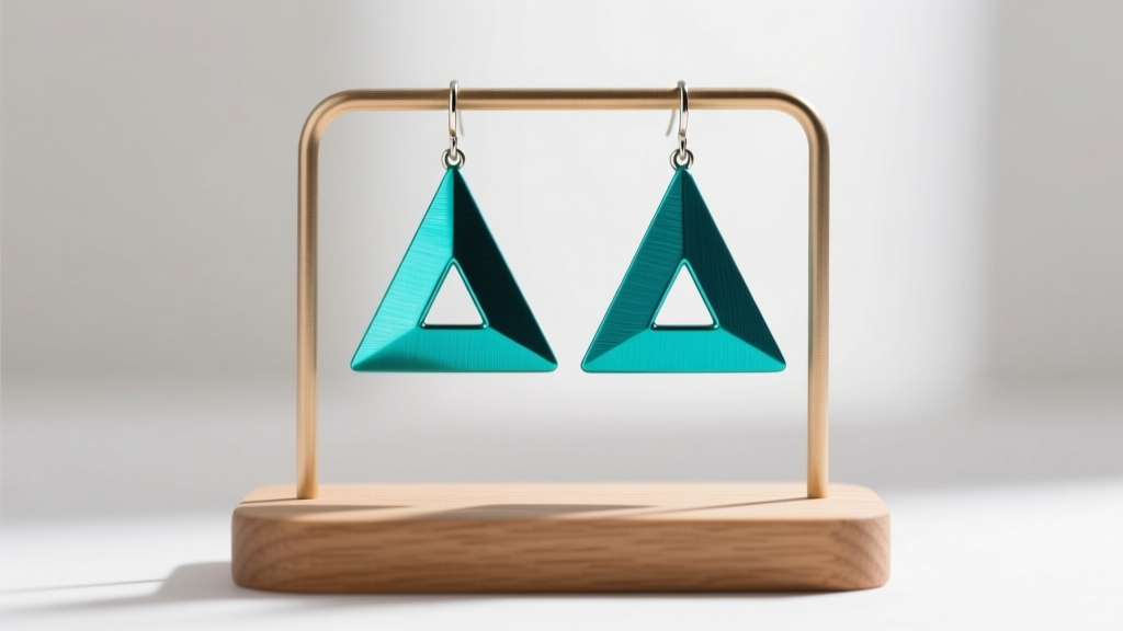 Lightweight anodized aluminum oversized triangle dangle earrings in vibrant teal, hanging from a minimalist wooden display stand.