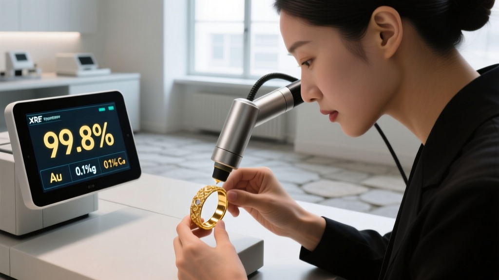 Jeweler performing an XRF spectrometer scan on a gold bracelet, with a digital screen displaying elemental purity percentages