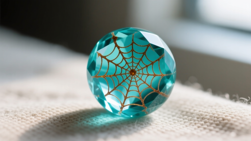 Macro view of a turquoise crystal necklace bead with a brown limonite spiderweb matrix pattern resting on soft neutral linen.
