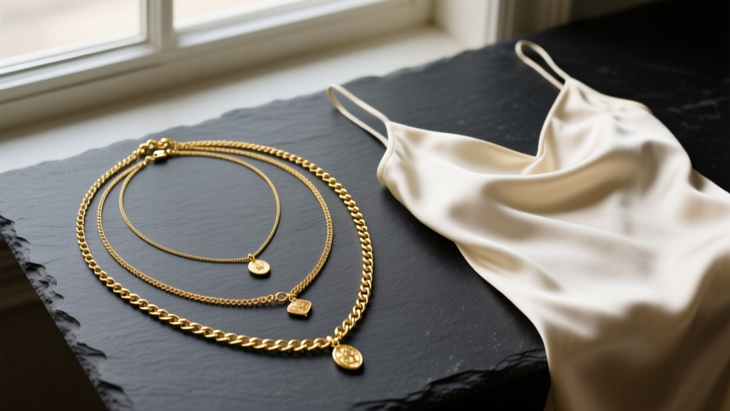 Flat lay of layered gold necklaces at 14, 16, and 18 inches on dark slate, styled next to a folded vintage 1990s silk slip dress.