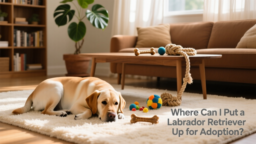 A happy, relaxed Labrador Retriever curled up on a cozy rug in a bright, welcoming living room with toys nearby