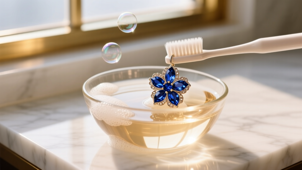 Soft toothbrush gently cleaning a sapphire flower earring in a glass bowl of warm soapy water under bright natural window light