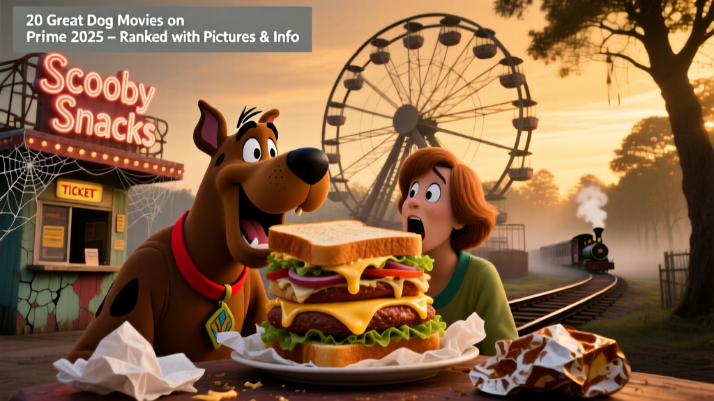 Scooby-Doo and Shaggy sharing a comical moment with a giant sandwich, set against a spooky amusement park backdrop