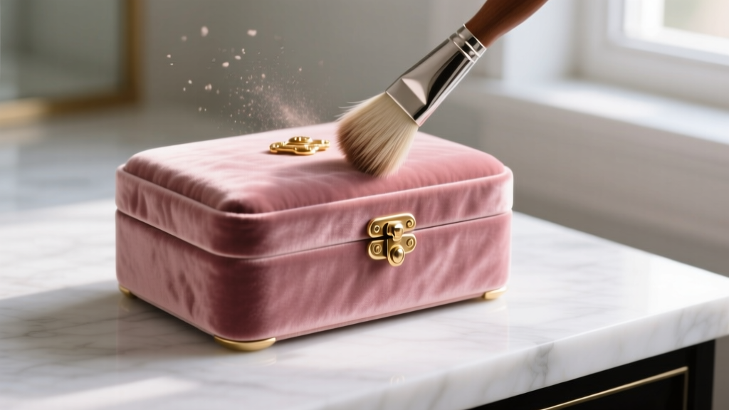 Soft horsehair brush gently sweeping dust from the crevices of a dusty rose velvet necklace box on a clean white marble surface.