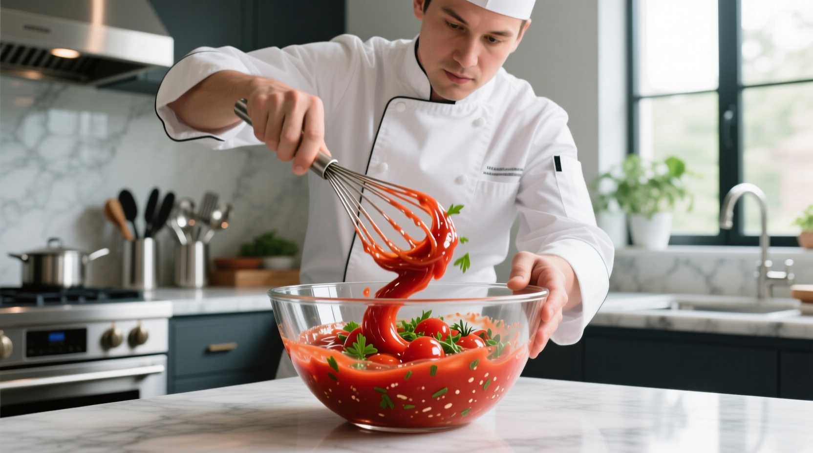 Chef whisking vibrant red tomato salad dressing in glass bowl
