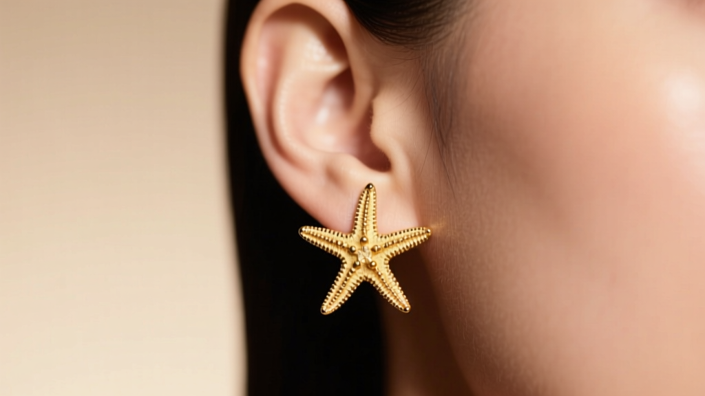Earlobe wearing a gold starfish earring, showing intricate prongs and textured arms against a soft, warm studio lighting background