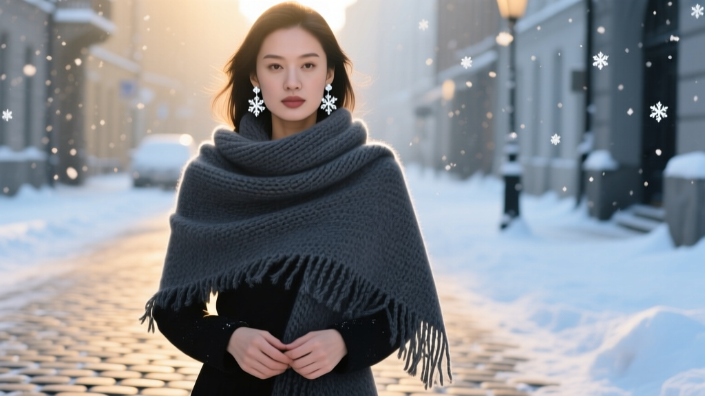Woman wearing a chunky wool scarf and silver snowflake drop earrings, showing safe clearance to prevent winter fabric snagging.