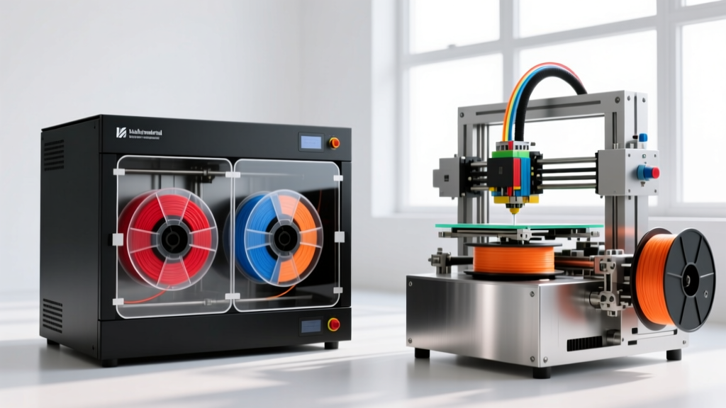 Side-by-side comparison of a dual-spool filament dryer box and an automated multi-material system feeding into a 3D printer extruder