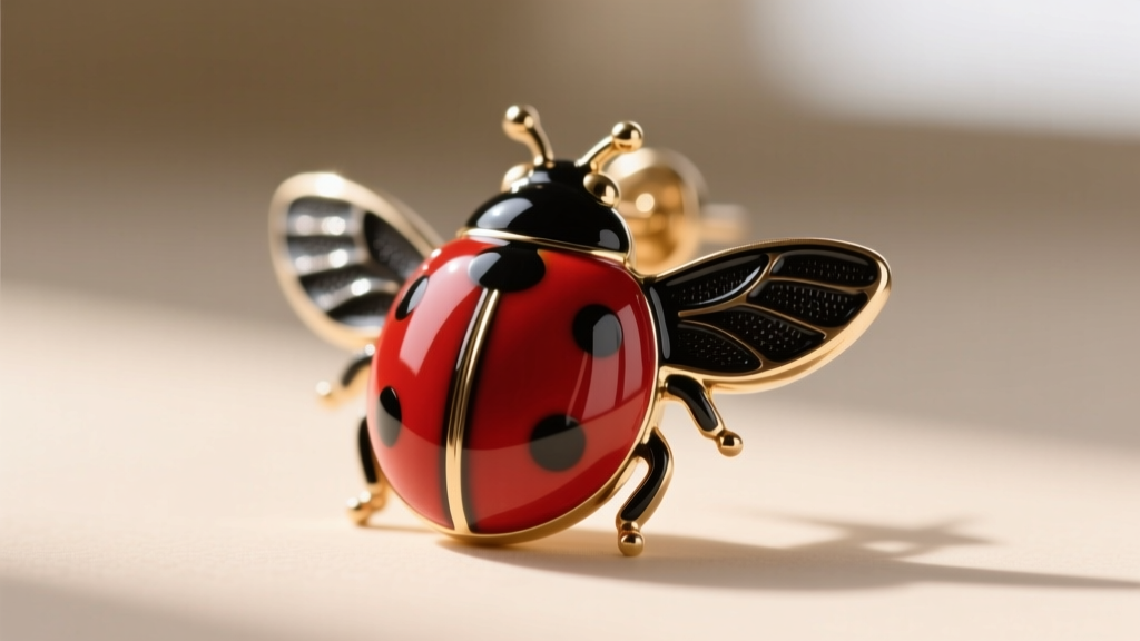 Extreme close-up of a ladybug earring showing smooth glass-like vitreous enamel contrasting with slightly textured epoxy resin.