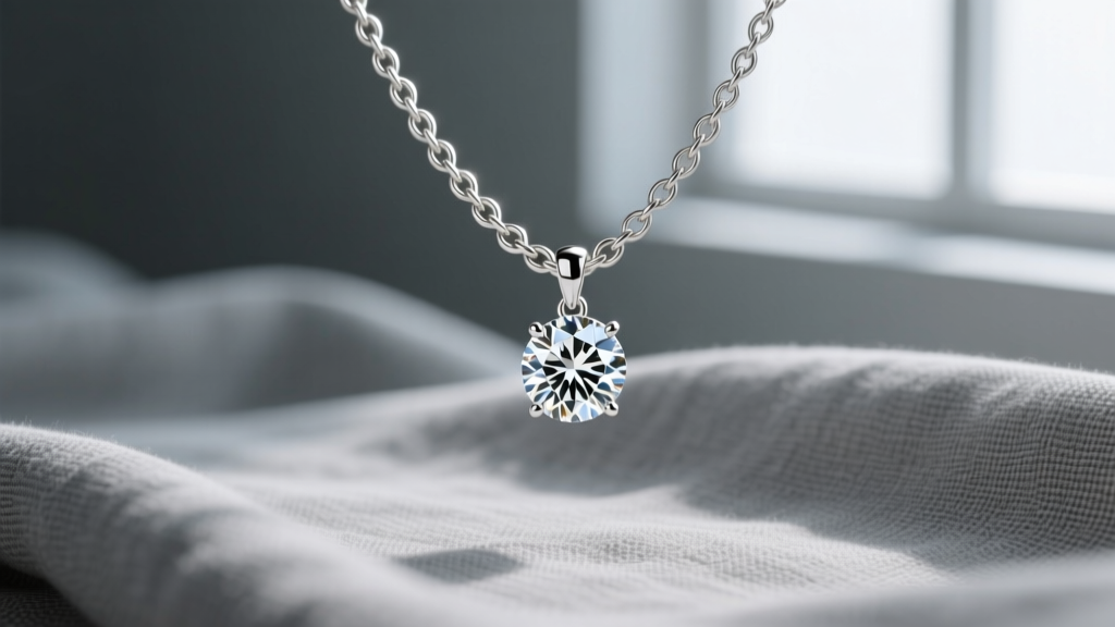 An 18-inch 14k white gold cable chain connected to a diamond solitaire pendant, resting elegantly on raw grey linen fabric.