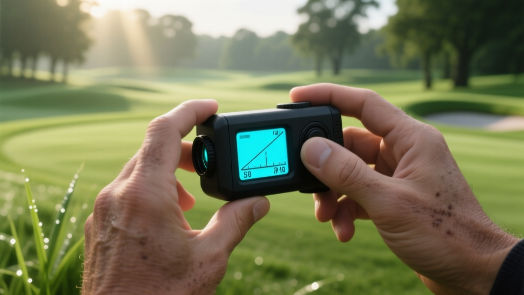 Close-up of hands holding a sleek laser rangefinder with illuminated digital slope display against a blurred lush green golf course fairway