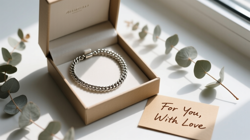 Open gift box with an antiqued silver rope chain necklace, surrounded by dried eucalyptus and a handwritten kraft paper note.