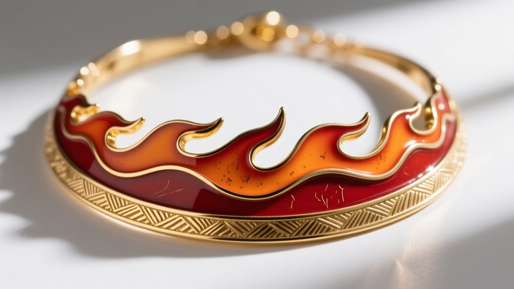Macro shot of a gold vermeil flame necklace with red and orange champleve enamel, showcasing its textured metal borders