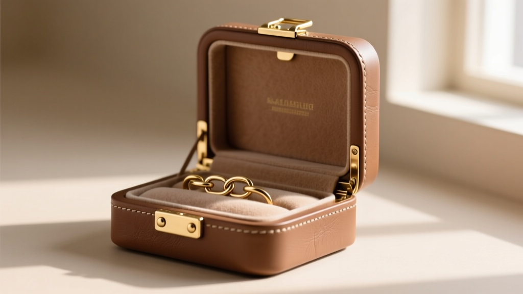 Side profile of a premium snap-on jewelry box in taupe vegan leather, displaying brass interlocking pegs and anti-tarnish suede