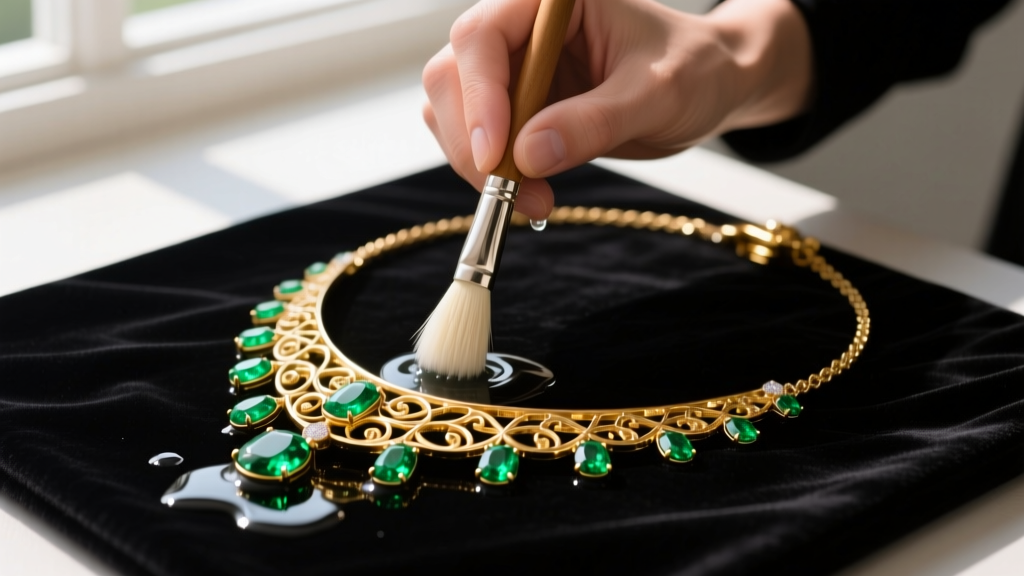 Jeweler using a soft brush and soapy water to clean the gold slider mechanism of an emerald lariat necklace on a dark velvet pad.