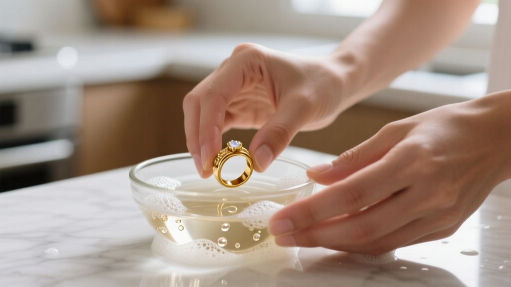 Close-up of hands gently washing a gold-plated ring in a small glass bowl of lukewarm water and mild dish soap suds.