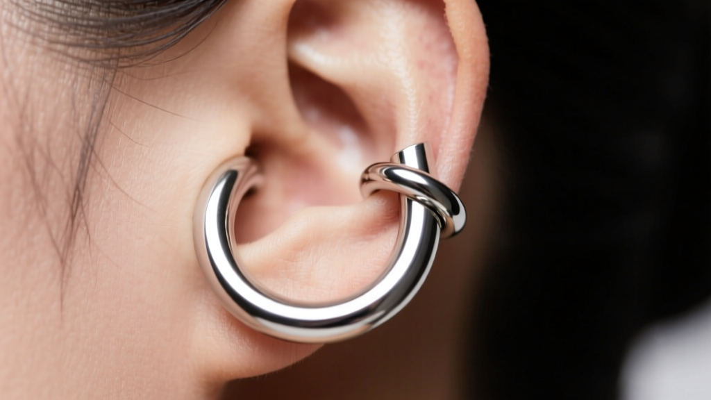 Side profile of an ear wearing a large 20mm hollow-tubing platinum helix hoop, highlighting the thin wall thickness of the metal.