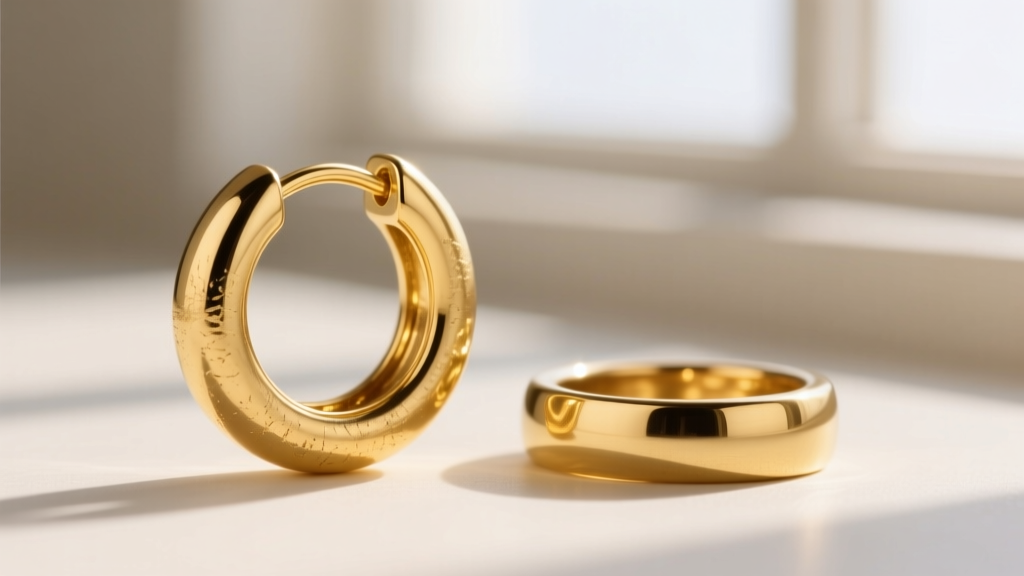 Close-up macro shot of a 14k solid gold huggie earring next to a gold-plated brass replica, highlighting the difference in luster.