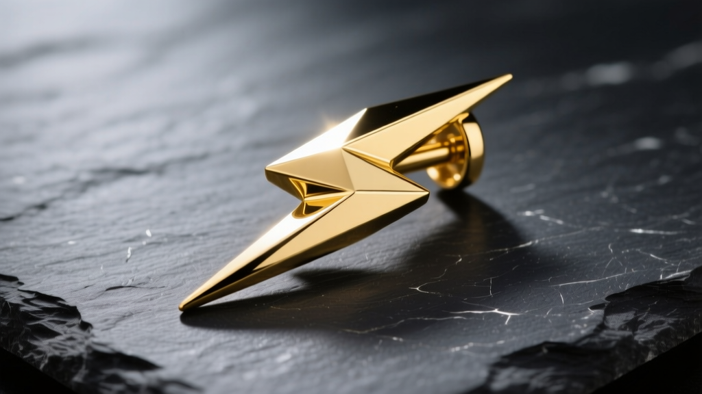 Macro shot of a 14k yellow gold lightning bolt on dark slate, showing sharp geometric angles and a highly polished surface.