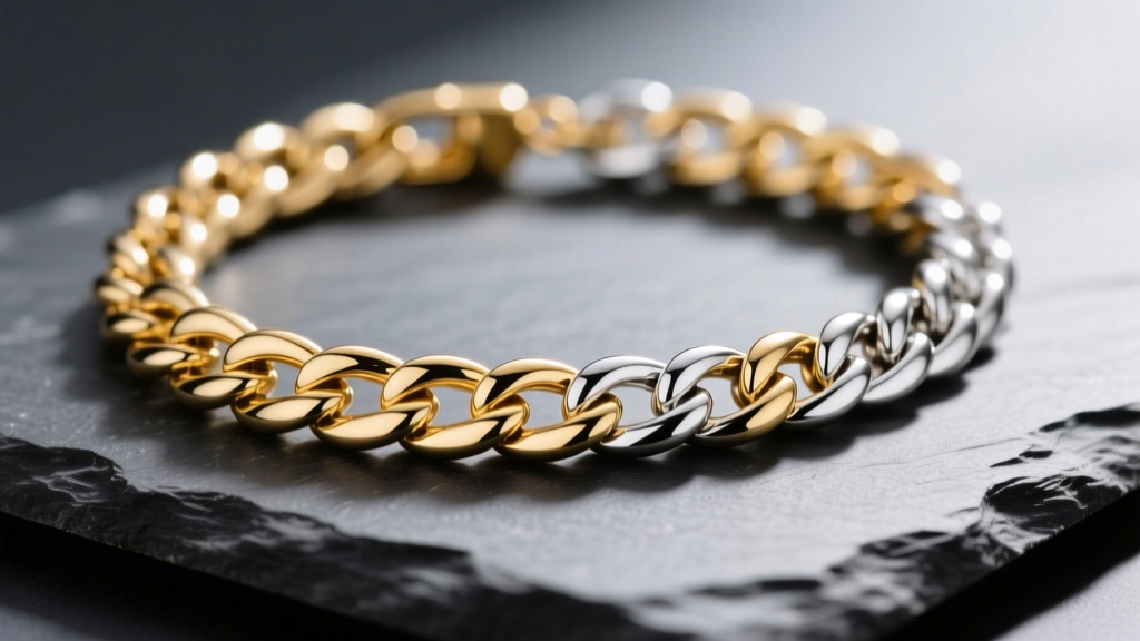 Close-up of a two-tone 14k gold and sterling silver curb chain necklace resting on dark slate, highlighting the soldered links