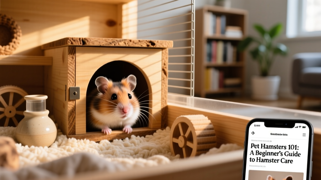 A curious Syrian hamster peeking out from a cozy hide box inside a well-furnished habitat