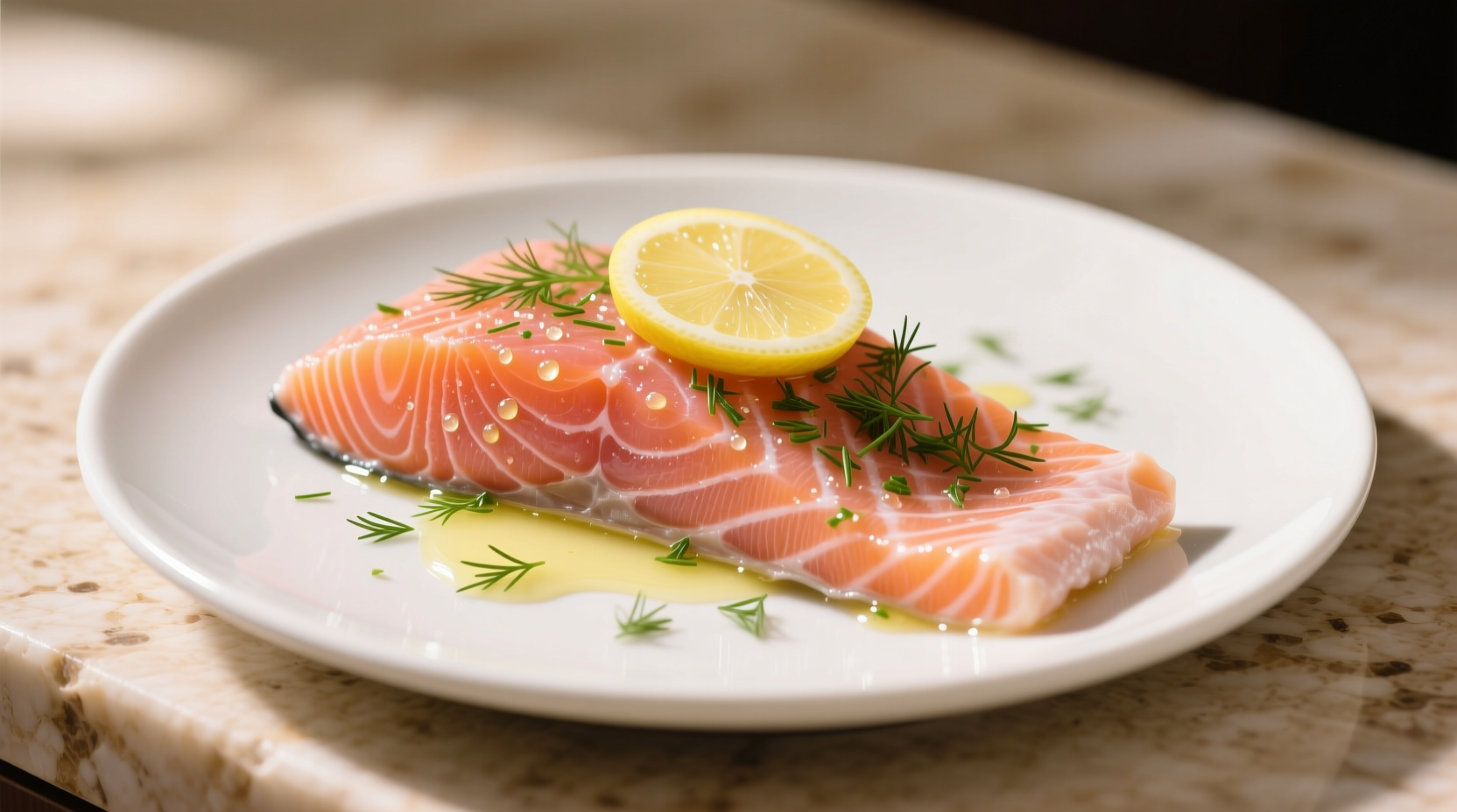 Fresh salmon fillet seasoned with dill and lemon