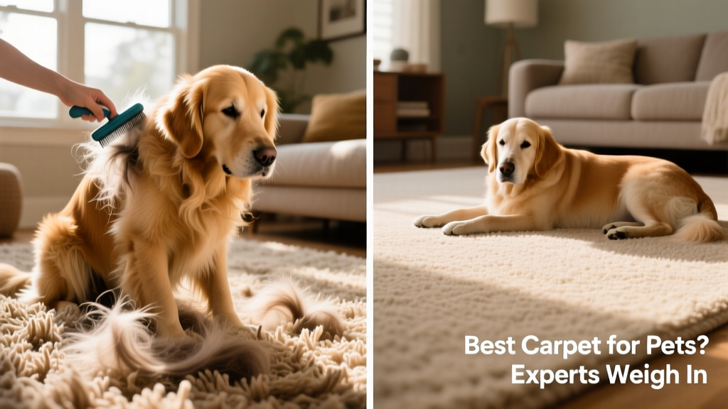 Side-by-side comparison showing tangled pet hair on high-pile carpet versus smooth, clean low-pile carpet
