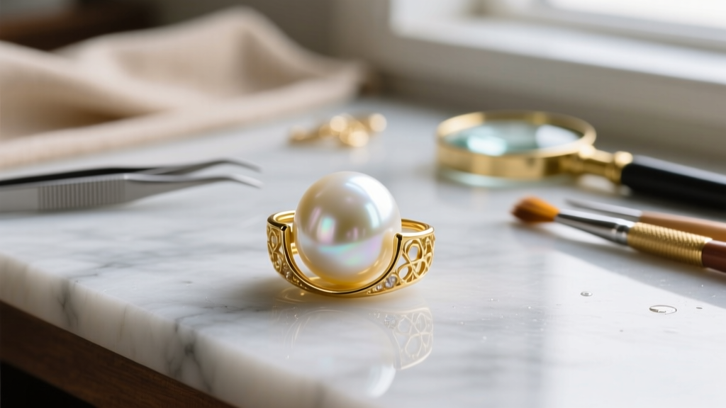 Jeweler workbench showing a peg-and-cup gold setting glued to a large white baroque pearl using specialized two-part epoxy resin