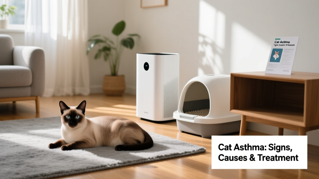 Cat resting peacefully beside an air purifier and low-dust litter box in a clean, well-ventilated room