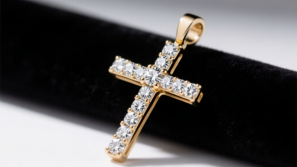 Close-up of a 14k white gold diamond cross pendant on dark velvet, illuminated by soft studio lighting to highlight melee stones.
