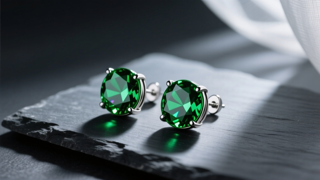Green and silver Potara earrings for Goku Black cosplay resting on a dark slate surface with moody lighting.