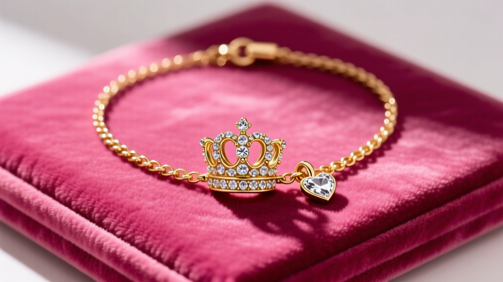 Flat lay of a vintage Juicy Couture gold-tone charm necklace with a rhinestone crown and heart pendant on pink velvet.