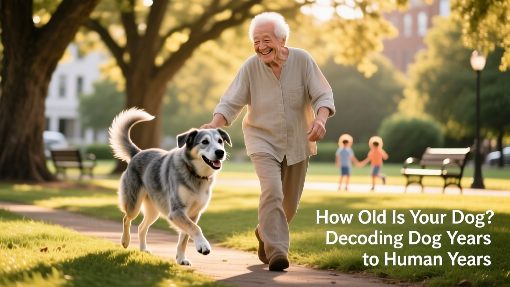 Happy, active senior dog engaging in gentle play or walking alongside owner in a sunlit park