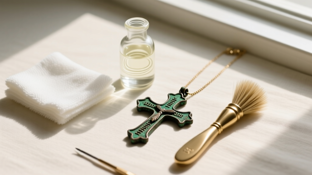 Flat lay of jewelry cleaning tools including a microfiber cloth, mild soap, and brass brush beside an oxidized iron cross pendant