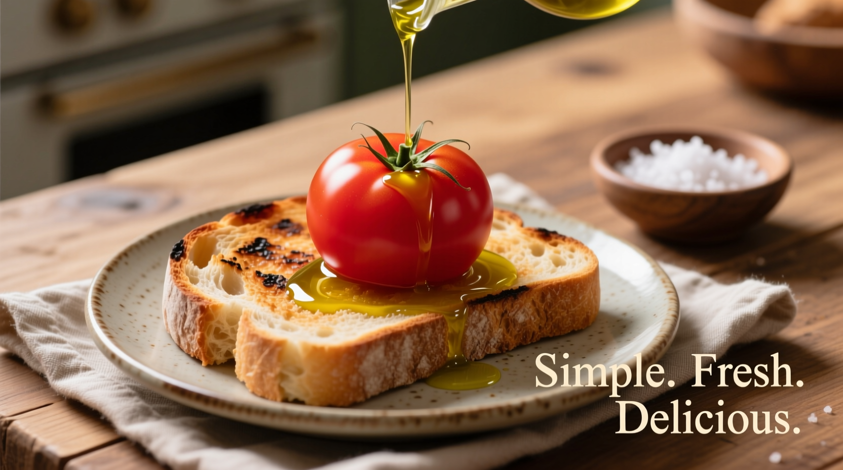 Fresh tomato rubbed on toasted bread with olive oil drizzle