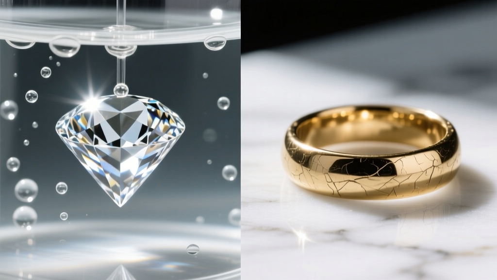 Split view of a sparkling diamond cleaned with ultrasonic waves beside a dull, chemically etched gold vermeil ring on white marble.