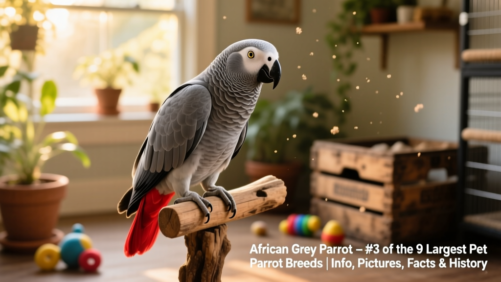 African Grey Parrot perched calmly on a natural wooden perch, showing intelligent gaze and soft grey feathers with red tail