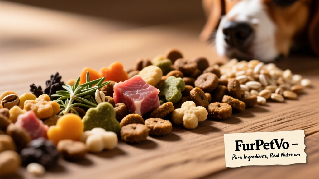 Close-up of FurPetVo kibble showing varied shapes, colors, and texture—highlighting natural ingredients like visible meat pieces and herbs