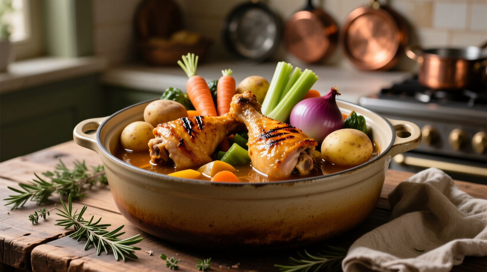 Crock pot filled with golden brown chicken thighs and vegetables