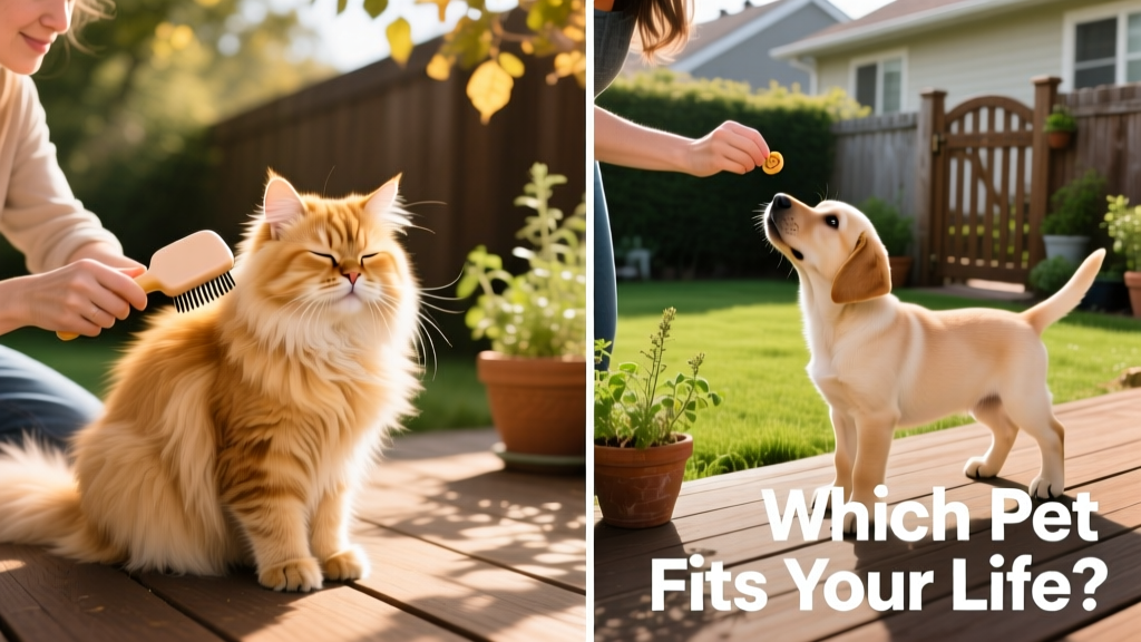 Side-by-side comparison: a person brushing a long-haired cat while another trains a young dog with a treat during a backyard session