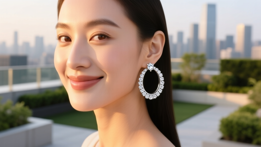 Profile of a woman wearing platinum thick hoop earrings with diamond pave, smiling softly in natural golden hour sunlight.