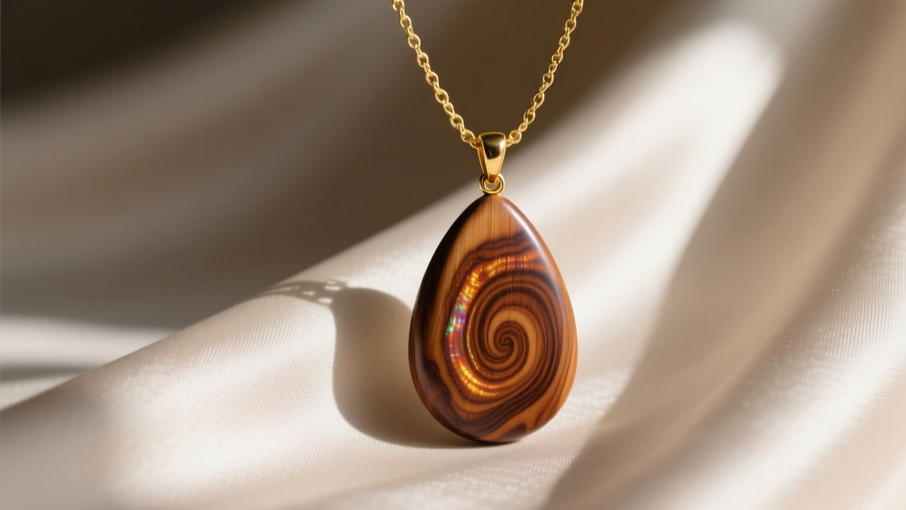 Polished curly Koa wood teardrop pendant with vibrant chatoyant grain, hanging from a thin gold rope chain on neutral silk fabric.