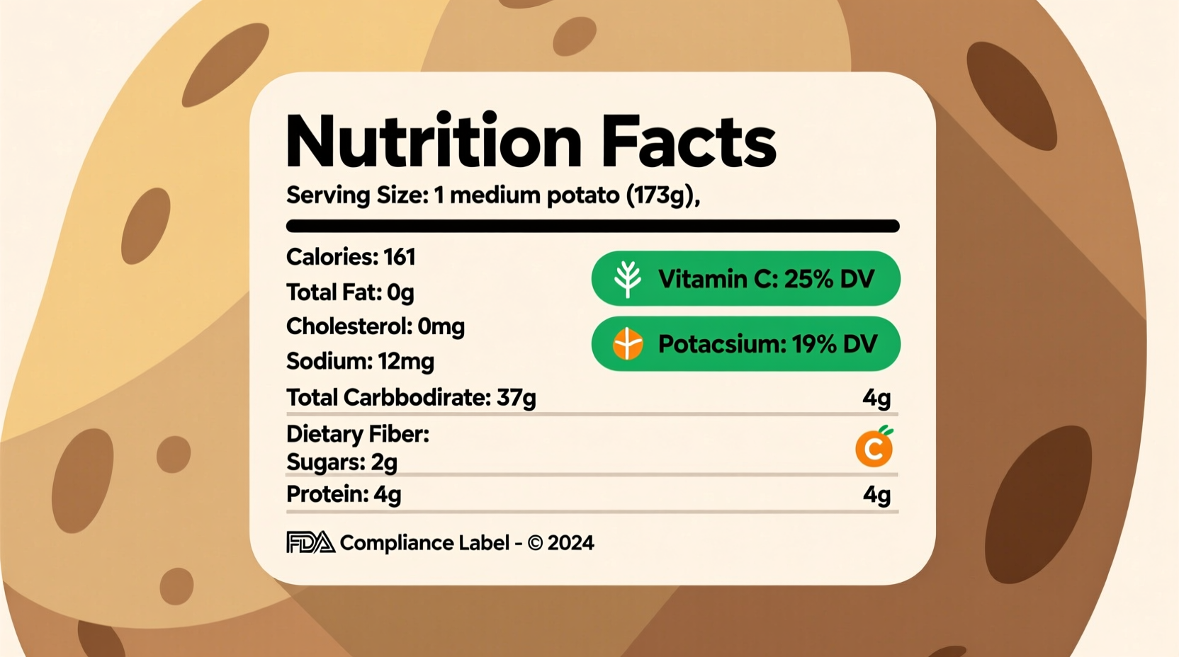 Nutrition facts label showing potato calories