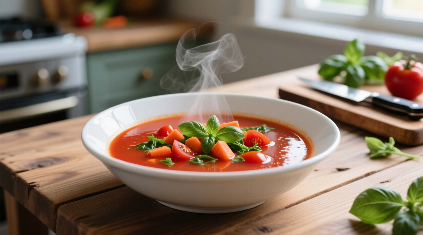 Fresh tomato vegetable soup in white bowl