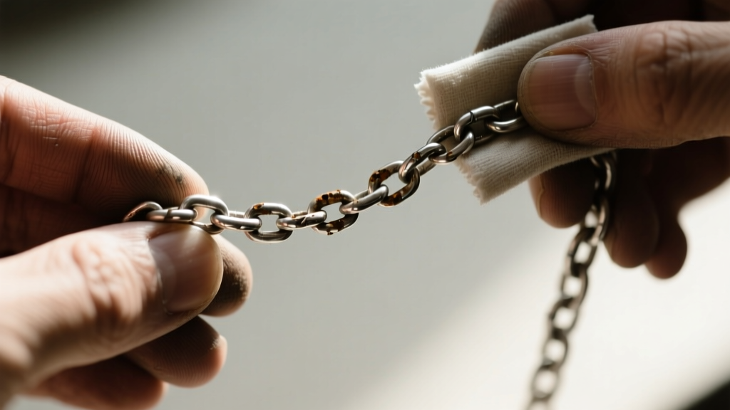 Tarnished sterling silver chain being gently polished with a treated jeweler