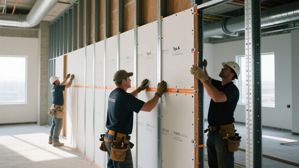 Commercial framing crew installing layered Type X fire resistant gypsum board on steel studs in a multi-story building shaft with firestop sealant visible
